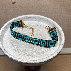 Turquoise and Black  Art Deco Beaded Bracelet Handcrafted